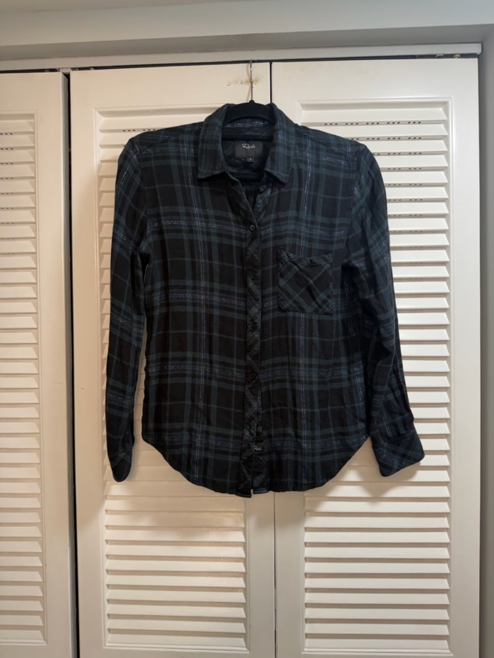 Rails Black and Green Plaid Shirt With Silver Stitching